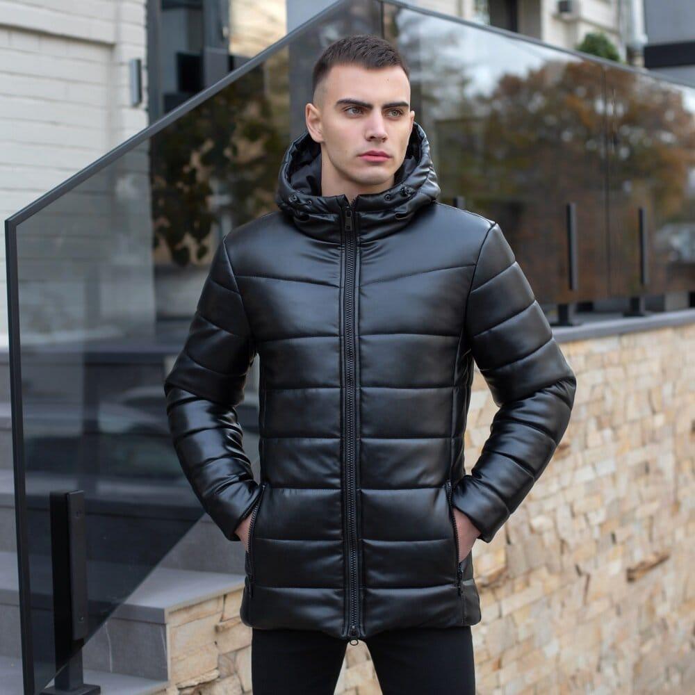 Чоловіча куртка чорна зимова молодіжна стильна, комфортна тепла, легка екошкіряна для хлопців