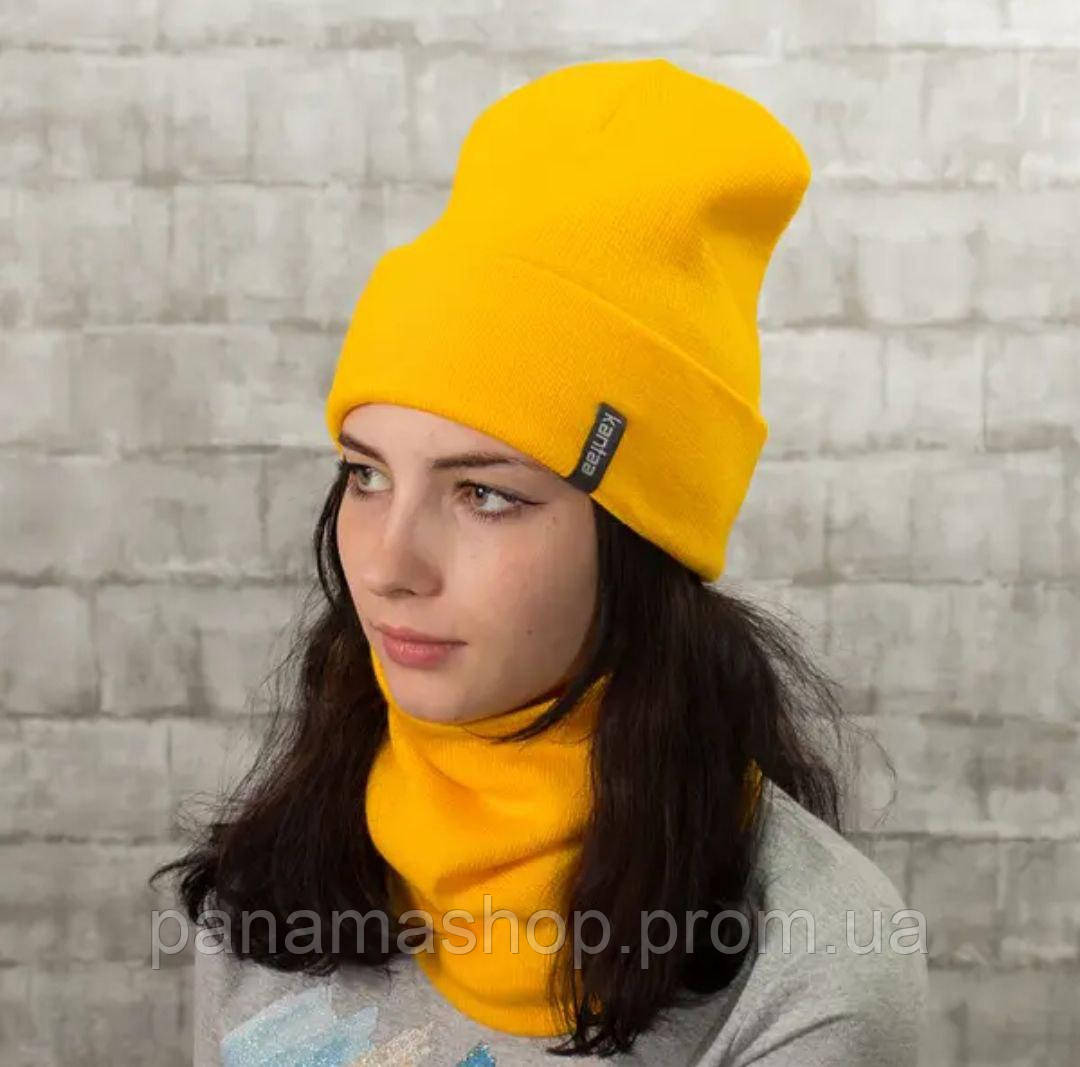 Жовтий жіночий комплект шапка і хомут, осінній зимовий весняний комплект шапка шарф.