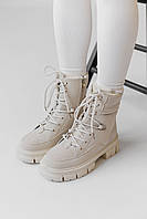 Женские зимние ботинки светло бежевые Стильные теплые женские ботинки нубук/эко кожа Зимние женские ботинки
