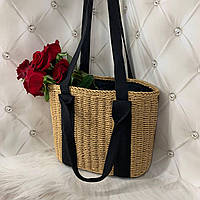 Летняя плетеная сумка корзинка с длинными ручками и черной подкладкой
