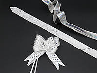 Подарочный бантик из ленты на затяжках для декора и упаковки подарков Цвет белый. 4х9 см