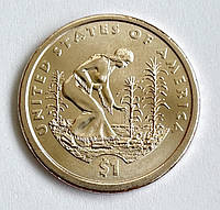 США 1 доллар 2009, Сакагавея: Индианка, выращивающая «трёх сестёр» (тыкву,кукурузу,фасоль). UNC