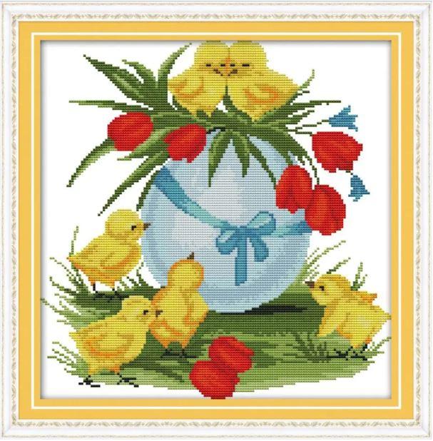 Набір для вишивання за нанесеною на канву схемою  "Chickens and egg".  AIDA 14CT printed, 34*34 см