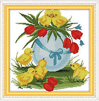 Набор для вышивания по нанесённой на канву схеме "Chickens and egg". AIDA 14CT printed, 34*34 см