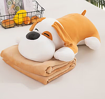 Іграшка Собака з бежевим пледом 100х185см, набір трансформер подарунковий з подушкою обіймашкою 60 см