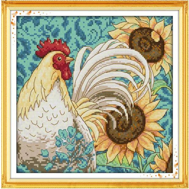 Набір для вишивання за нанесеною на канву схемою "Sunflower and cock". AIDA 14CT printed, 27*27 см