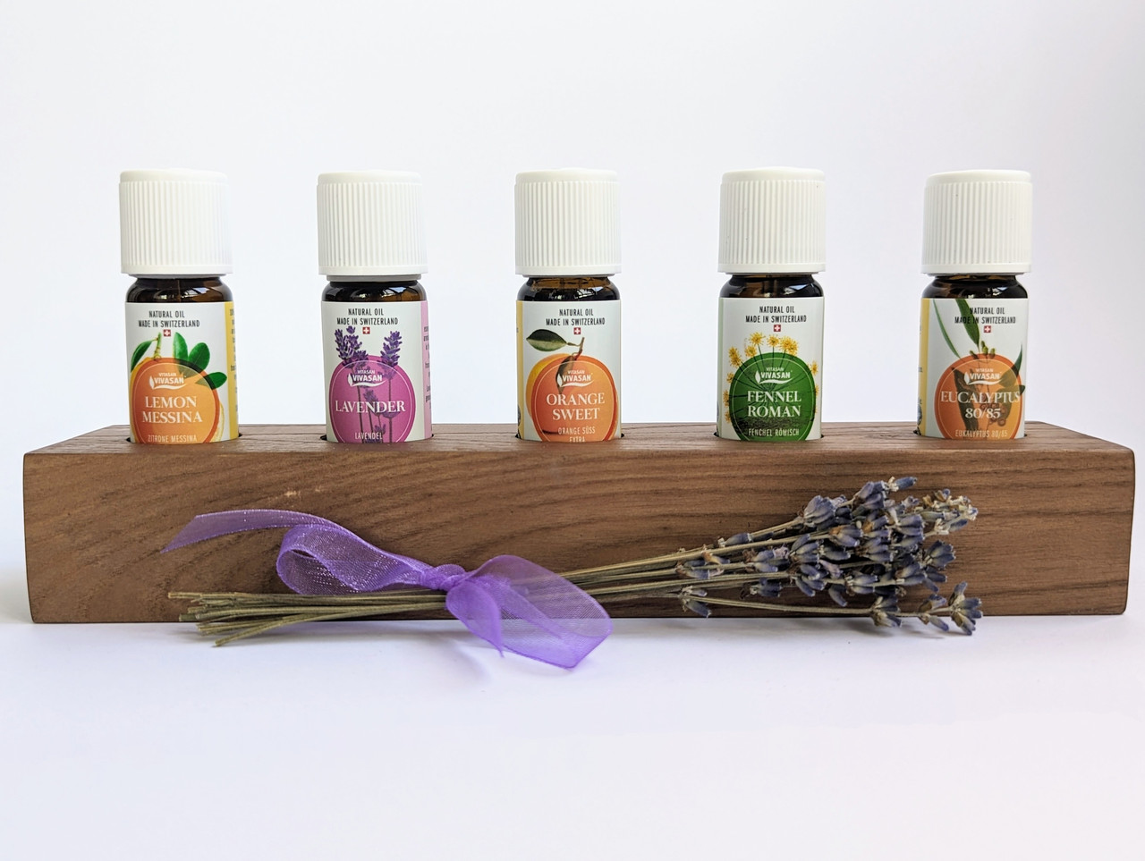 Набір "Ефірні олійні скарби" Вівасан 5 шт + Дисконтна карта + Підставка дерев'яна в подарунок Vivasan Switzerland