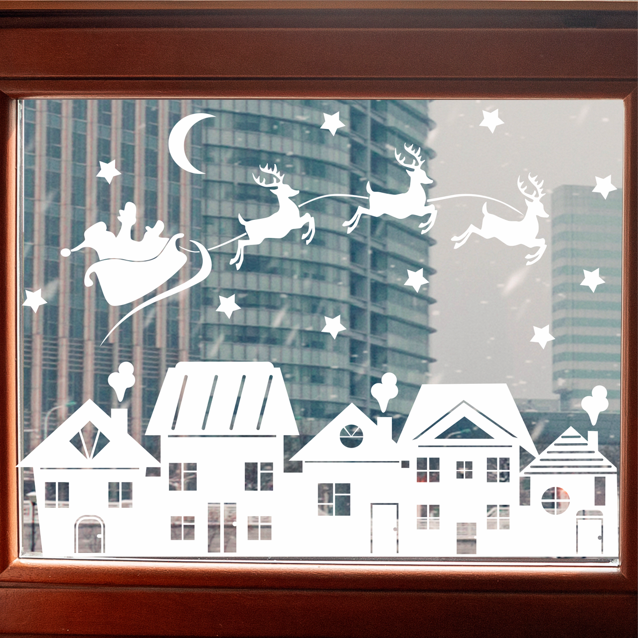 Новорічні наклейки Милі Будиночки Санта Олені (декор вікон Новий рік місяць зірки) Набір S 47см матова Білий, фото 1