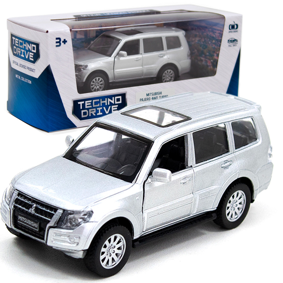 Іграшкова машинка металева MITSUBISHI PAJERO 4WD TURBO, мітсубісі паджеро турбо, срібний, відкр двері, інерція, 1:43 (250282), фото 1