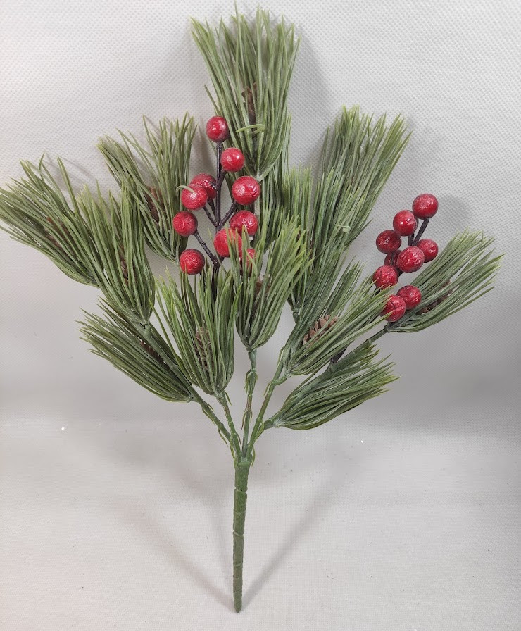 Кущ різдвяної зелені з шишками та ягодами "хвойний кизильник" 33см, штучний новорічний декор