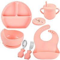 Набор посуды Y12 трехсекционная тарелка,поильник,ложка вилка металлические,слюнявчик Розовый v-11168