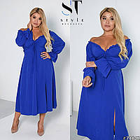 Синее изящное длинное платье из софт-шелка с длинным рукавом батал 48-52, 54-58, 60-64 размеры