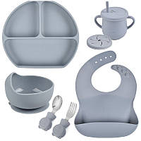 Набор посуды Y18 трехсекционная тарелка,поильник,ложка вилка металлические,слюнявчик Серый v-11174