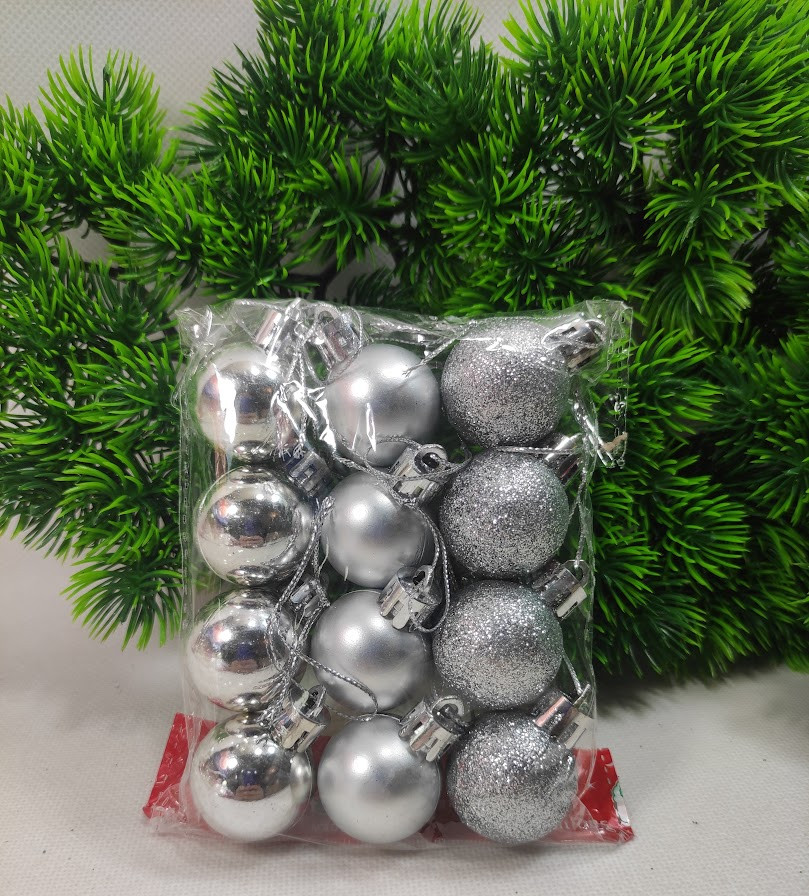 Новорічні ялинкові срібні кулі 3 см (1уп-12штук), ялинкові іграшки