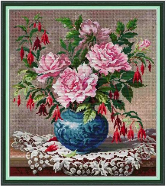 Набір для вишивання за нанесеною на канву схемою "Roses and fuchsia". AIDA 14CT printed 43*47 см