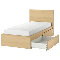 МАЛЬМ Каркас кровати с 2 ящиками для хранения, дубовый шпон беленый/Лейрсунд, 90x200 см