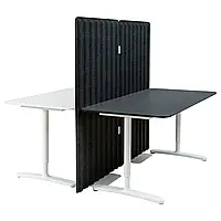 БЕКАНТ Письменный стол с экраном, шпон ясеня мориленный бел/черный, 160x160 150 см