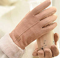 Перчатки женские зимние замшевые на флисе сенсорные коричневого цвета