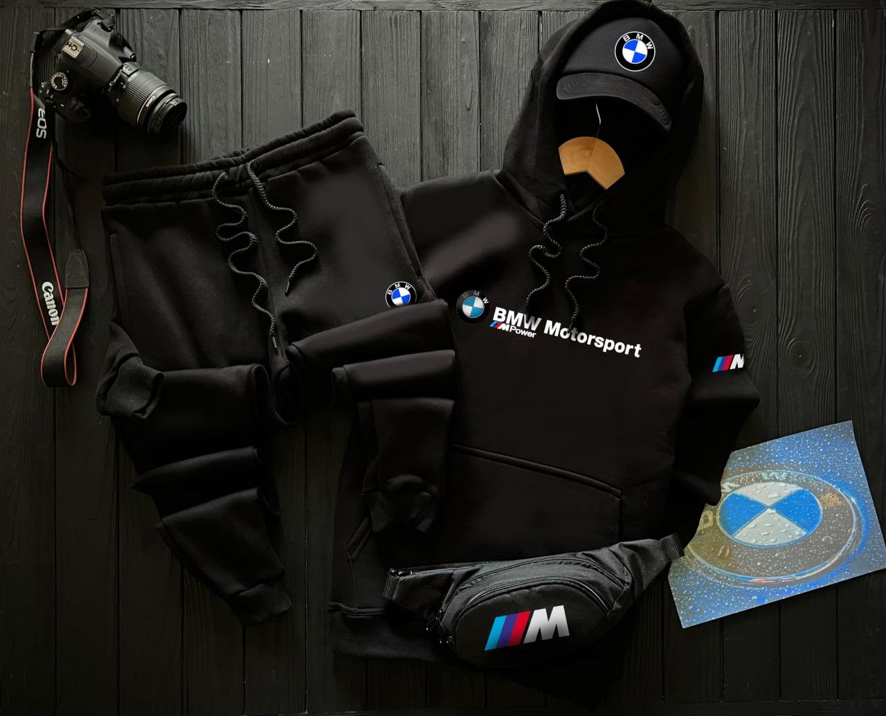 Спортивний костюм зимовий чоловічий Bmw motorsport утеплений на флісі чорний толстовка штани зима Бмв теплий