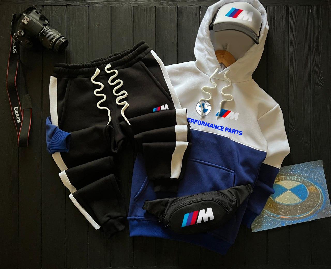 Спортивний костюм зимовий чоловічий Bmw motorsport утеплений на флісі білий-синій толстовка штани зима Бмв теплий