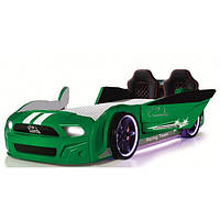 Ліжко-машина Exit Мустанг Зелене зі шкіряними сидіннями та звуковими ефектами + пульт ДК і підсвітка фар, коліс і дна