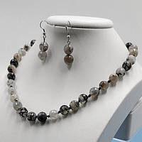 Буси та Сережки Чорно-білий Агат Кулька з гранкою 10 мм 46 см