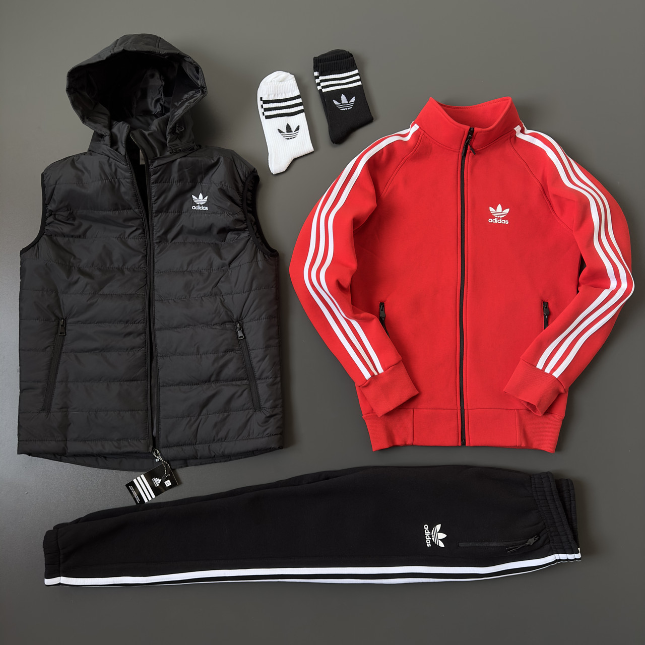 Спортивний костюм чоловічий зимовий жилет Adidas комплект на флісі адідас осінній демісезонний червоний