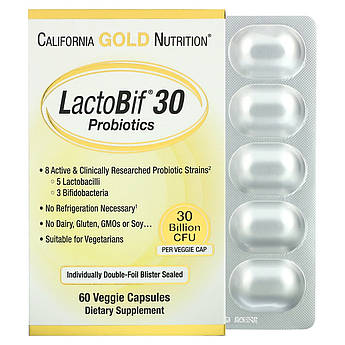 Пробіотики 30 млрд California Gold Nutrition LactoBif для підтримки кишківної мікрофлори 60 рослинних капсул