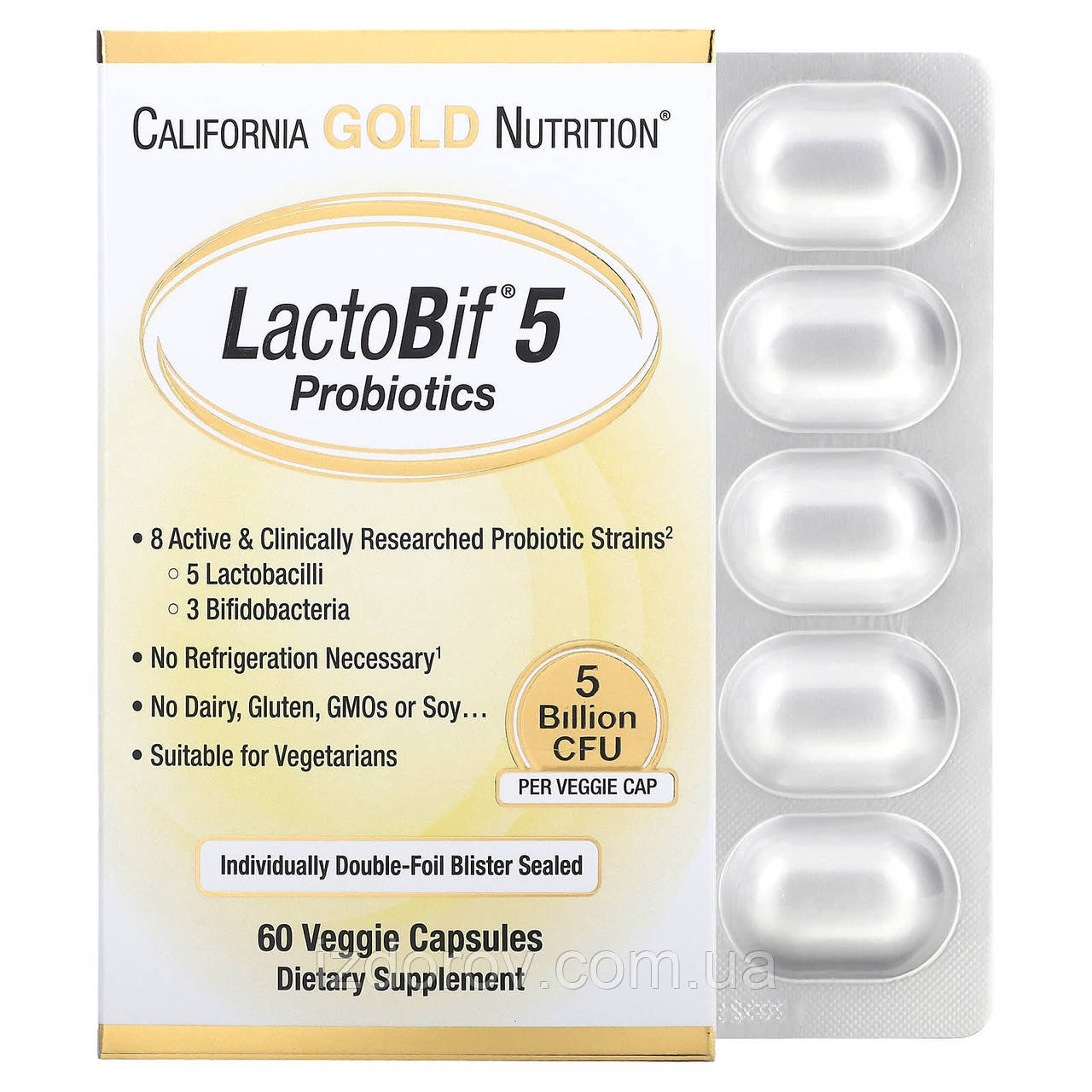 Пробіотики 5 млрд California Gold Nutrition LactoBif підтримка травлення та мікрофлори кишківника 60 капсул