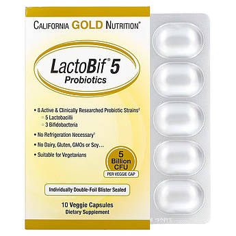 California Gold Nutrition, Комплекс пробіотиків LactoBif, 5 млрд КУО, 10 рослинних капсул