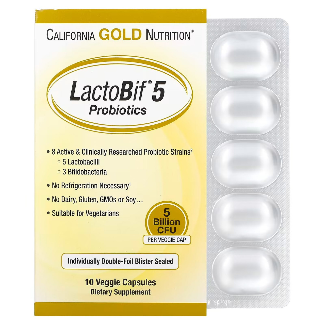 California Gold Nutrition, Комплекс пробиотиков LactoBif, 5 млрд КОЕ, 10 растительных капсул - фото 1 - id-p1256392657