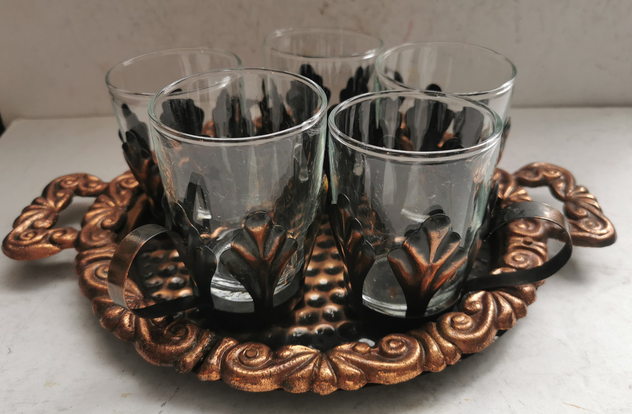 Набір мідних підсклянників на таці з міді, фото 1