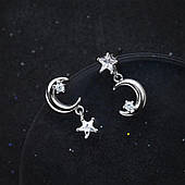 Асиметричні сережки гвоздики "Луна та Зірка" з фіанітами — срібне покриття 925 проби EGYPT SILVER