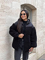 Двухсторонняя куртка женская с мехом барашек черная с капюшоном тепла осенняя/теплая зима S, M, L, XL