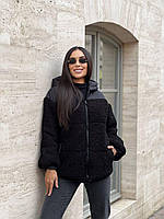 Куртка женская барашек двухсторонняя с капюшоном тепла осень-теплая зима S, M, L, XL. Куртка женская с мехом Черный, 46/48