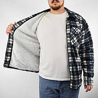 Куртка - рубашка мужская на меховой подкладке Рубашка в клетку на овчине Черный+голубой 2XL