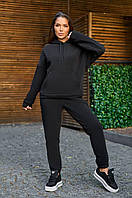 Демісезонний стильний жіночий трикотажний спортивний костюм із капюшоном на худі (р.42-48). Арт-3353/12 чорний