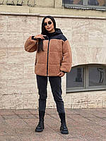 Куртка женская барашек двухсторонняя с капюшоном тепла осень-теплая зима S, M, L, XL. Куртка женская с мехом 46/48, Пудровый