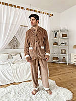 Мужская комфортная пижама домашний костюм махровый зима свободный крой теплый мокко, белый и серый Мокко