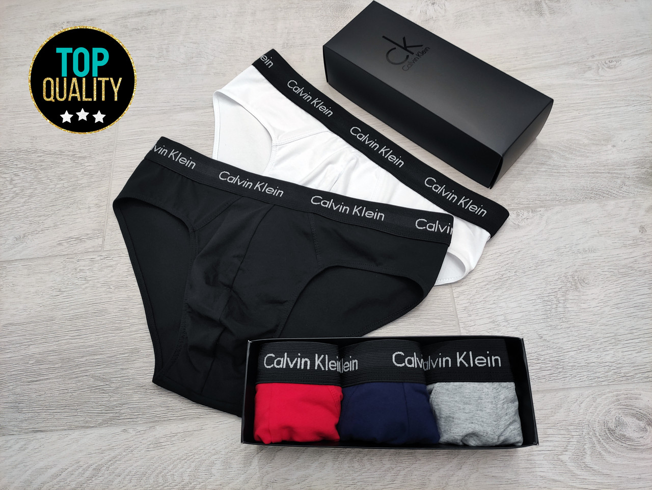 Набір чоловічих сліпів Calvin Klein з 3 штук в подарунковій коробці. Преміум  якість, повномірна модель
