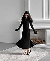 Женское длинное Элегантное платье макси в обтяжку стильное пышный низ подчеркивает фигуру черное длинный рукав