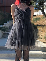 Платье готическое дымчатое фатиновое на Хэллоуин платье мини на бретельках серое, размер S