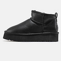 Женские зимние UGG Classic Ultra Mini Platform Black Leather, черные кожаные угги ультра мини на платформе