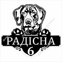 Адресная табличка на дом с названием улицы с изображением собаки, лабрадор