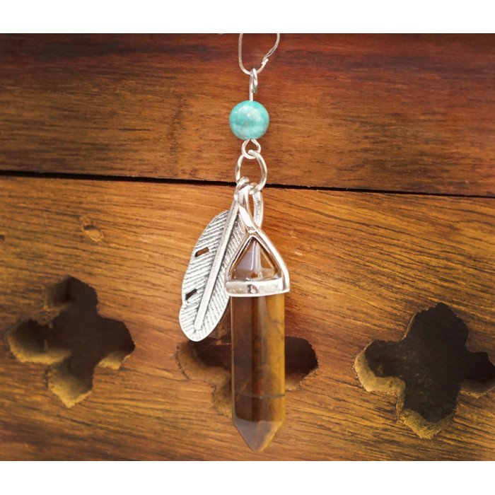 Кулон кам'яний шестигранний з пояском "Перо" вставка Тигрове око 0,8*0,8*6см.