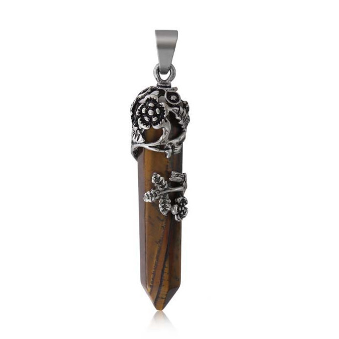 Кулон білий метал "Квітка" вставка Тигрове око 1,5*1,5*6см.