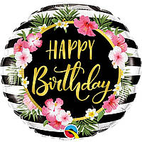 Фольгированный шарик, круг, "Happy Birthday," веночек из цветов