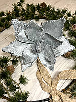 Різдвяна квітка пуансеттія. Новорічна прикраса — пуансеттія срібло (20 см), фото 2