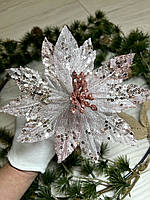 Різдвяна квітка-пуансеттія. Новорічна прикраса — пуансеттія рожева (15 см), фото 2