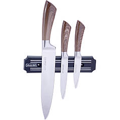 Набір кухонних ножів Kamille 3 ножа з магнітною планкою тримачем дзеркальне полірування нержавіюча сталь